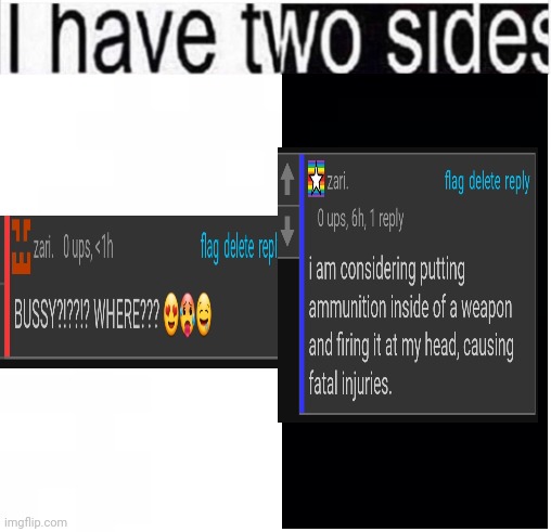 i have two sides | image tagged in i have two sides | made w/ Imgflip meme maker