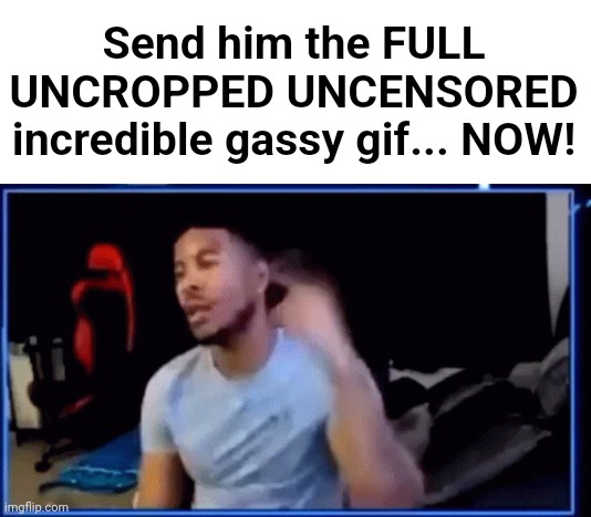 And no, not the running one | Send him the FULL UNCROPPED UNCENSORED incredible gassy gif... NOW! | image tagged in mods ban him | made w/ Imgflip meme maker