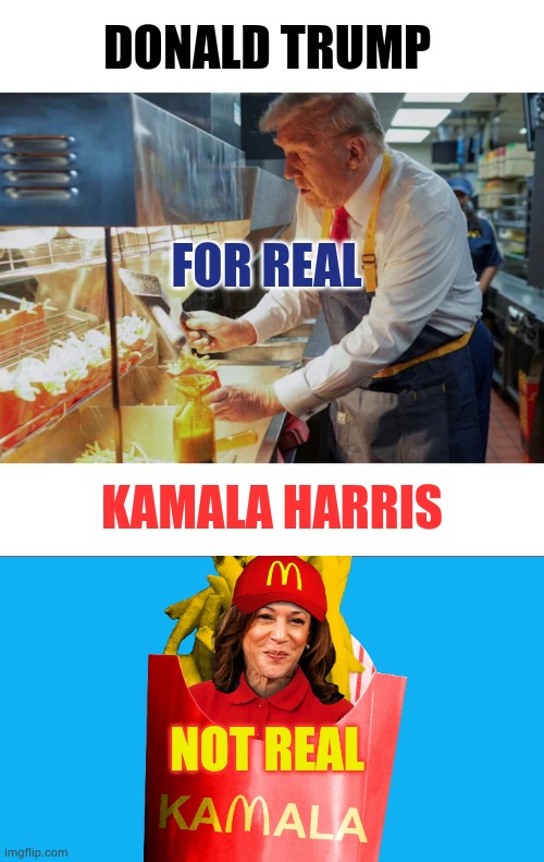 Only At McDonald's | DONALD TRUMP; FOR REAL; KAMALA HARRIS; NOT REAL | image tagged in memes,politics,donald trump,mcdonald's,kamala harris,not really | made w/ Imgflip meme maker