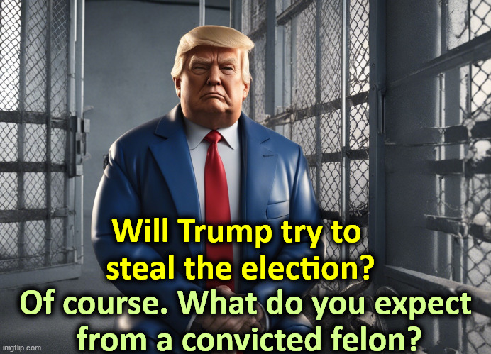 Once a criminal, always a criminal. | Will Trump try to 
steal the election? Of course. What do you expect
 from a convicted felon? | image tagged in trump,steal,election,convicted felon,criminal,thief | made w/ Imgflip meme maker