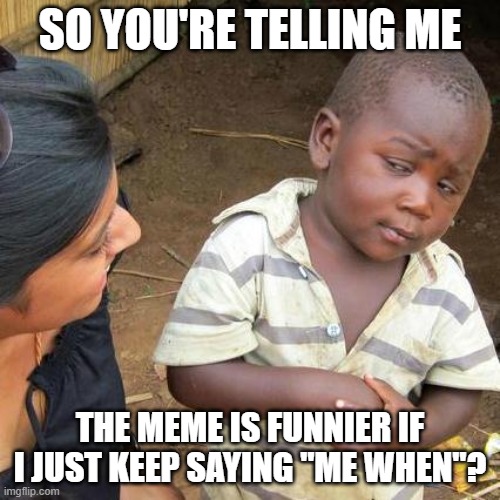 lol | SO YOU'RE TELLING ME; THE MEME IS FUNNIER IF I JUST KEEP SAYING "ME WHEN"? | image tagged in memes,third world skeptical kid | made w/ Imgflip meme maker