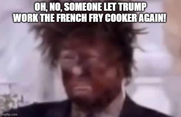 Trump Burnt Face French Fries | OH, NO, SOMEONE LET TRUMP WORK THE FRENCH FRY COOKER AGAIN! | image tagged in donald trump,burnt face,french fry cooker,i hate donald trump,trump sucks | made w/ Imgflip meme maker