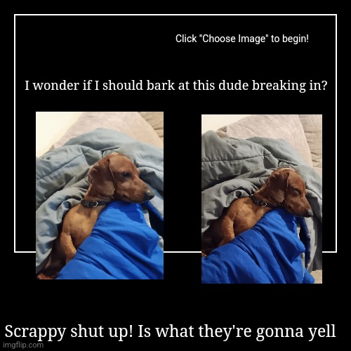 Scrappy shut up | I wonder if I should bark at this dude breaking in? | Scrappy shut up! Is what they're gonna yell | image tagged in funny,demotivationals | made w/ Imgflip demotivational maker