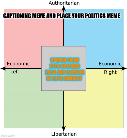 Politic open | CAPTIONING MEME AND PLACE YOUR POLITICS MEME; OPENED FROM 21TH OCTOBER 2024 AND CLOSING IN 23TH JANUARY | image tagged in political compass with centrism | made w/ Imgflip meme maker