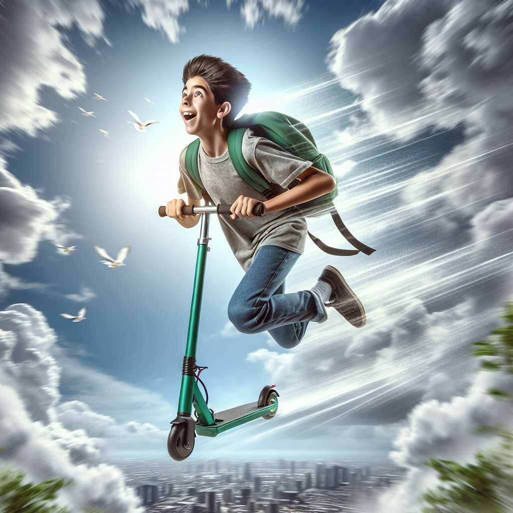 boy student riding a green electric scooter in the sky fast Blank Meme Template