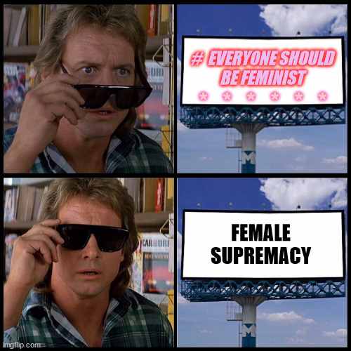 What is Feminism | #  EVERYONE SHOULD
BE FEMINIST; *   *   *   *   *   *; FEMALE SUPREMACY | image tagged in john nada sunglasses billboard,feminism,female supremacy,gender war,not equality | made w/ Imgflip meme maker