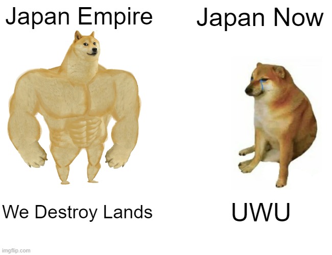 Past is better Than Now | Japan Empire; Japan Now; We Destroy Lands; UWU | image tagged in memes,buff doge vs cheems | made w/ Imgflip meme maker