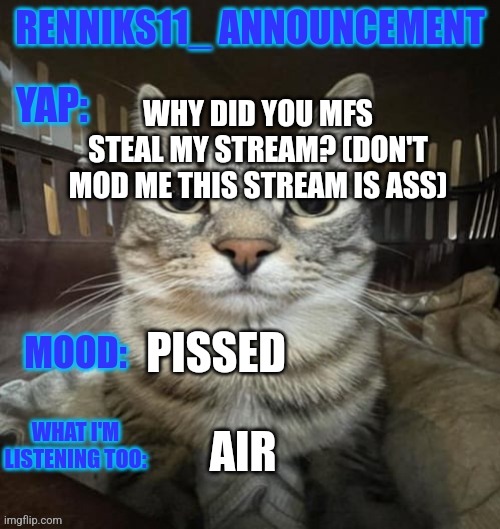 Renniks11_ Announcement Template V3.1 | WHY DID YOU MFS STEAL MY STREAM? (DON'T MOD ME THIS STREAM IS ASS); PISSED; AIR | image tagged in renniks11_ announcement template v3 1 | made w/ Imgflip meme maker