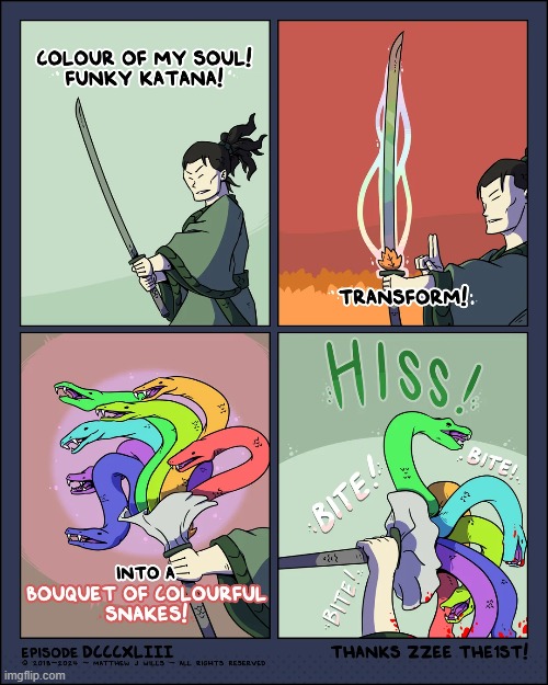 Sometimes the color of your soul can be your worst enemy. | image tagged in sword,funky,katana,snakes,colorful,yikes | made w/ Imgflip meme maker