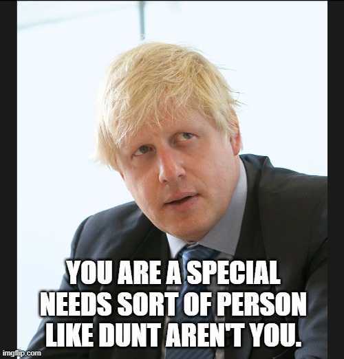 joke | YOU ARE A SPECIAL NEEDS SORT OF PERSON LIKE DUNT AREN'T YOU. | image tagged in boris johnson | made w/ Imgflip meme maker