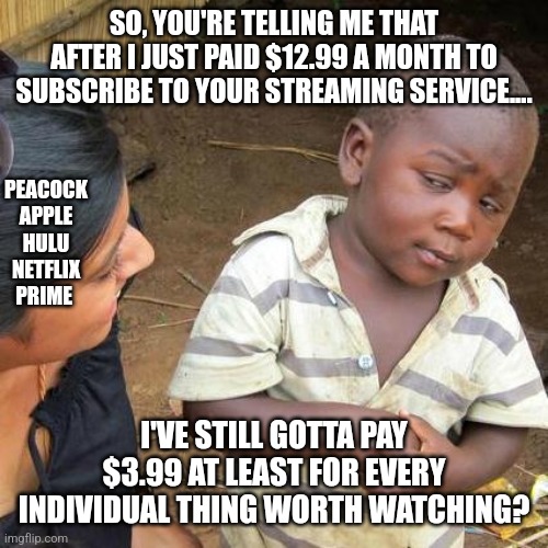 Streaming service fees | SO, YOU'RE TELLING ME THAT AFTER I JUST PAID $12.99 A MONTH TO SUBSCRIBE TO YOUR STREAMING SERVICE.... PEACOCK
APPLE
HULU
NETFLIX
PRIME; I'VE STILL GOTTA PAY $3.99 AT LEAST FOR EVERY INDIVIDUAL THING WORTH WATCHING? | image tagged in memes,third world skeptical kid | made w/ Imgflip meme maker