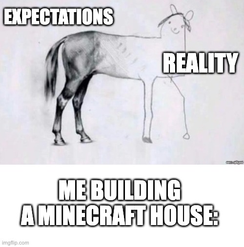 Its Just True | EXPECTATIONS; REALITY; ME BUILDING A MINECRAFT HOUSE: | image tagged in horse drawing,minecraft,memes | made w/ Imgflip meme maker