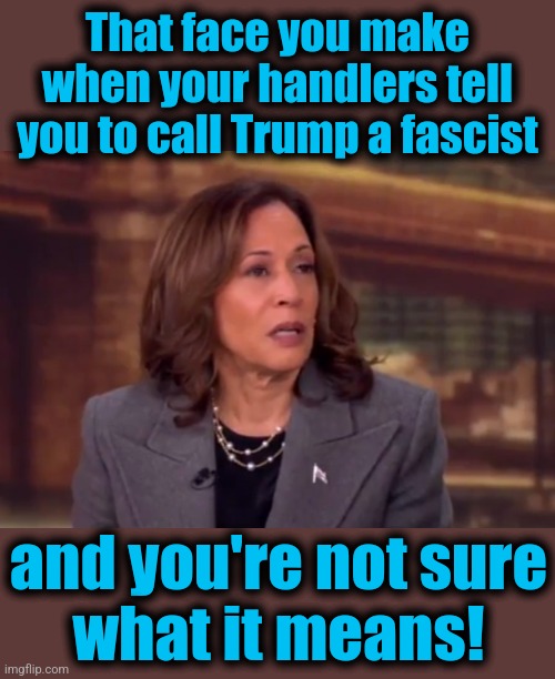 That face you make when your handlers tell you to call Trump a fascist; and you're not sure
what it means! | image tagged in memes,kamala harris,idiot,fascist,democrats,desperation | made w/ Imgflip meme maker