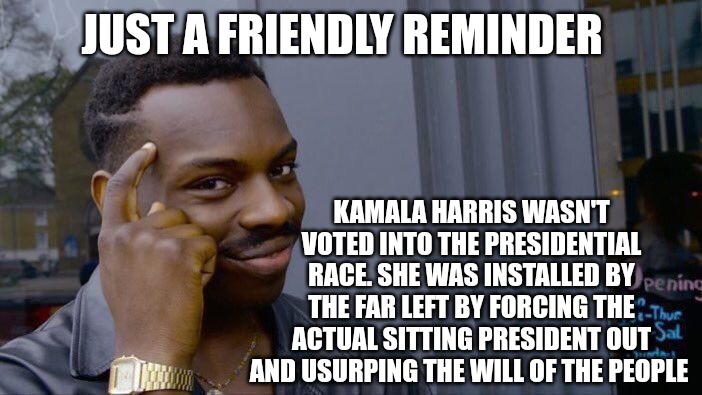 Kamala Harris wasn't voted in, she was given the job. The Democrats went against the Constitution and the will of the people. | JUST A FRIENDLY REMINDER; KAMALA HARRIS WASN'T VOTED INTO THE PRESIDENTIAL RACE. SHE WAS INSTALLED BY THE FAR LEFT BY FORCING THE ACTUAL SITTING PRESIDENT OUT AND USURPING THE WILL OF THE PEOPLE | image tagged in memes,roll safe think about it,kamala harris,democrats,evil | made w/ Imgflip meme maker