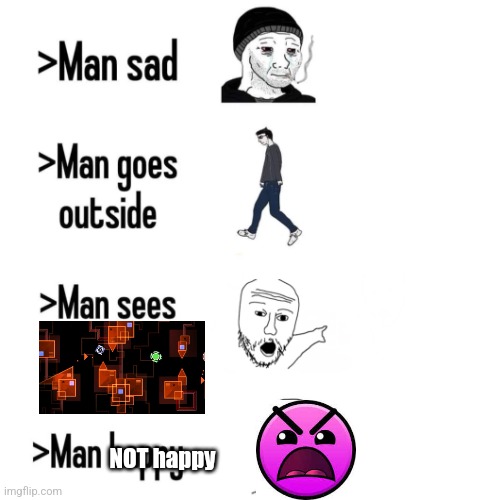 Man sees X, Man happy | NOT happy | image tagged in man sees x man happy | made w/ Imgflip meme maker