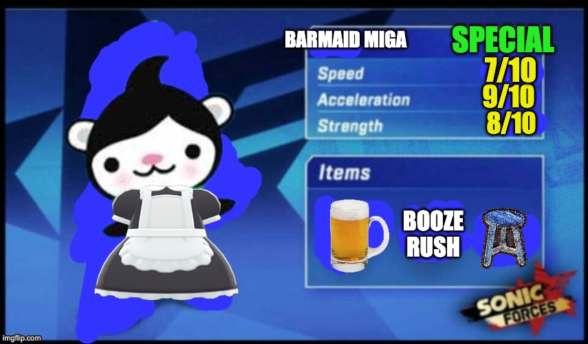 [UPDATED] Sonic Forces Meme Battle | SPECIAL; BARMAID MIGA; 7/10; 9/10; 8/10; BOOZE RUSH | image tagged in updated sonic forces meme battle | made w/ Imgflip meme maker