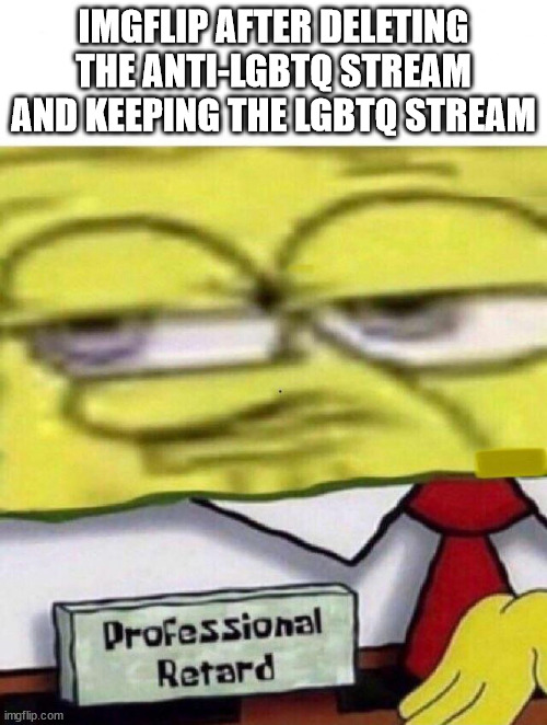 you are just gonna make people more mad | IMGFLIP AFTER DELETING THE ANTI-LGBTQ STREAM AND KEEPING THE LGBTQ STREAM | image tagged in spongebob professional retard | made w/ Imgflip meme maker