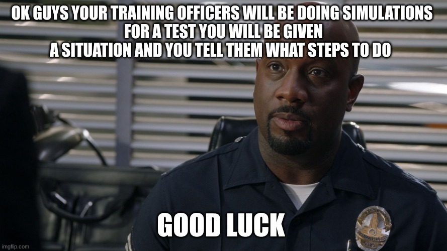 Sargent gray | OK GUYS YOUR TRAINING OFFICERS WILL BE DOING SIMULATIONS 
FOR A TEST YOU WILL BE GIVEN A SITUATION AND YOU TELL THEM WHAT STEPS TO DO; GOOD LUCK | image tagged in sargent gray | made w/ Imgflip meme maker