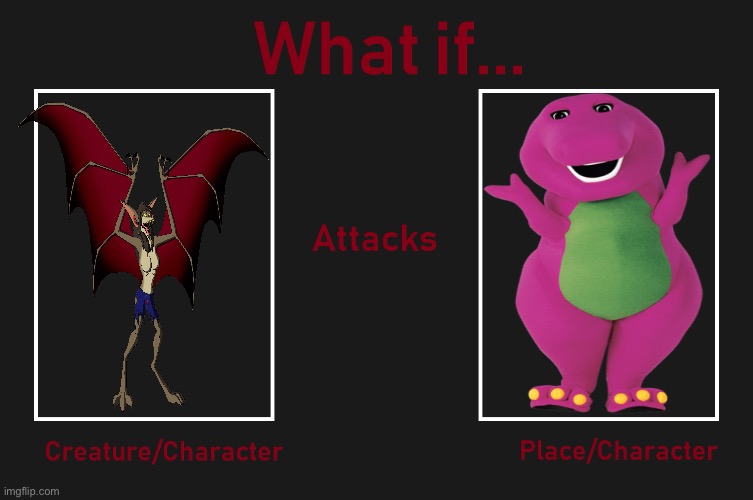 What if the Were-Bat attacks Barney? | image tagged in what if character attacks character/place,wallace and gromit,barney the dinosaur | made w/ Imgflip meme maker