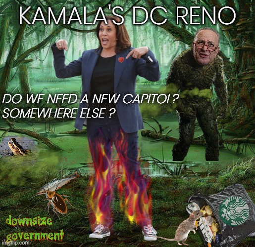 KAMALA'S DC SWAMP | KAMALA'S DC RENO; DO WE NEED A NEW CAPITOL?
SOMEWHERE ELSE ? | image tagged in kamala harris,biden,coup,liar,disloyal,swamp | made w/ Imgflip meme maker