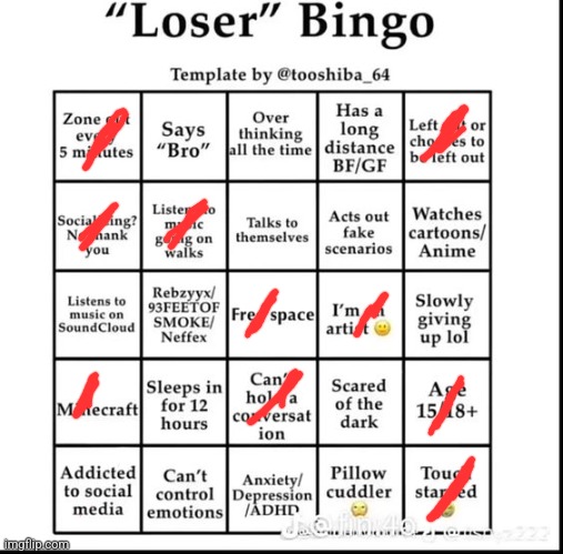 loser bingo | image tagged in loser bingo | made w/ Imgflip meme maker