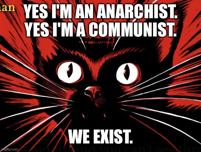 We exist | YES I'M AN ANARCHIST. YES I'M A COMMUNIST. WE EXIST. | image tagged in sabo tabby,anarchism,communism | made w/ Imgflip meme maker