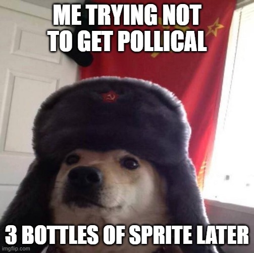 Russian Doge | ME TRYING NOT TO GET POLLICAL; 3 BOTTLES OF SPRITE LATER | image tagged in russian doge | made w/ Imgflip meme maker