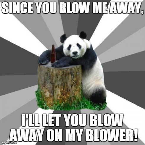 Another Politically Incorrect Thought... | SINCE YOU BLOW ME AWAY, I'LL LET YOU BLOW AWAY ON MY BLOWER! | image tagged in memes,pickup line panda | made w/ Imgflip meme maker