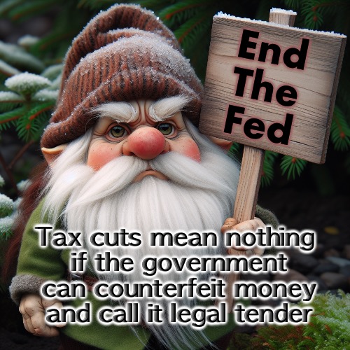 End The Fed | End
The
Fed; Tax cuts mean nothing 
if the government can counterfeit money and call it legal tender | image tagged in grumpy protester | made w/ Imgflip meme maker