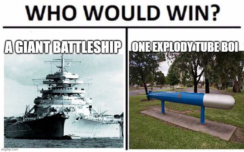 bismarck | A GIANT BATTLESHIP; ONE EXPLODY TUBE BOI | image tagged in memes,who would win | made w/ Imgflip meme maker