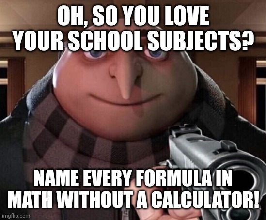 School in a nutshell | OH, SO YOU LOVE YOUR SCHOOL SUBJECTS? NAME EVERY FORMULA IN MATH WITHOUT A CALCULATOR! | image tagged in gru gun,school | made w/ Imgflip meme maker