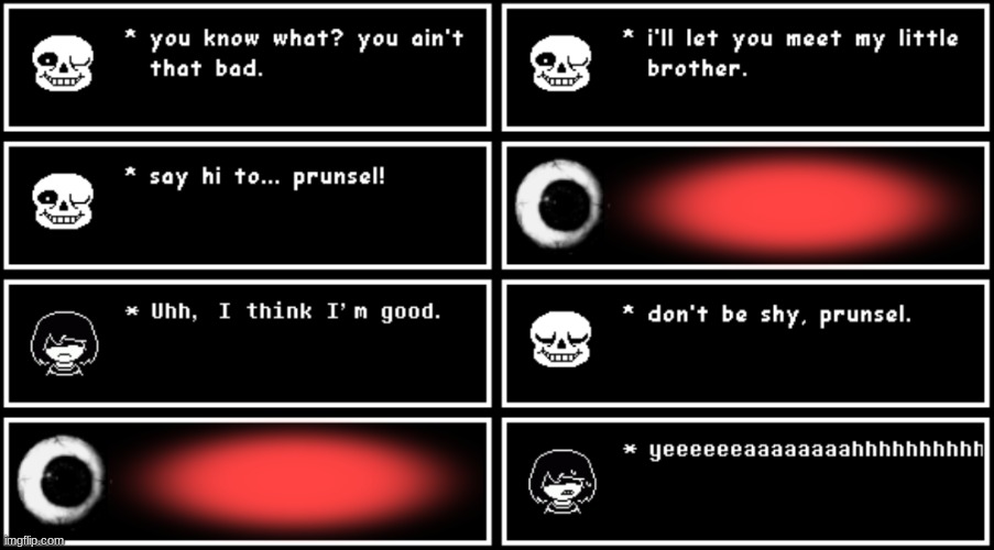 Prunsel. (Undertale #27) | image tagged in prunsel,sans,kris,red glow,sans isn't trans or gay and there is no proof otherwise | made w/ Imgflip meme maker