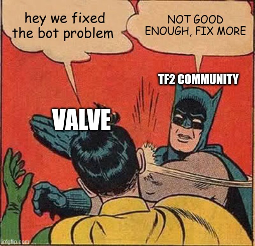 VALVe has gotten rid of almost all of the bots why do we still give them crap? | hey we fixed the bot problem; NOT GOOD ENOUGH, FIX MORE; TF2 COMMUNITY; VALVE | image tagged in memes,batman slapping robin,valve,tf2 | made w/ Imgflip meme maker