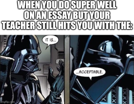 It Is Acceptable | WHEN YOU DO SUPER WELL ON AN ESSAY BUT YOUR TEACHER STILL HITS YOU WITH THE: | image tagged in it is acceptable,memes,funny,teacher,school,essay | made w/ Imgflip meme maker