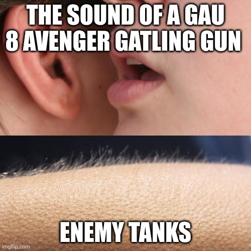 Whisper and Goosebumps | THE SOUND OF A GAU 8 AVENGER GATLING GUN; ENEMY TANKS | image tagged in whisper and goosebumps | made w/ Imgflip meme maker