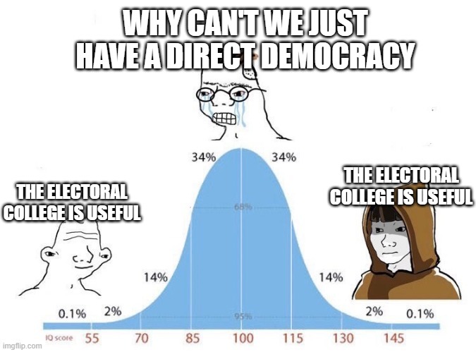 Learning about this in school really messes you up | WHY CAN'T WE JUST HAVE A DIRECT DEMOCRACY; THE ELECTORAL COLLEGE IS USEFUL; THE ELECTORAL COLLEGE IS USEFUL | image tagged in bell curve,i love democracy,politics,america,freedom in murica,i am 4 parallel universes ahead of you | made w/ Imgflip meme maker