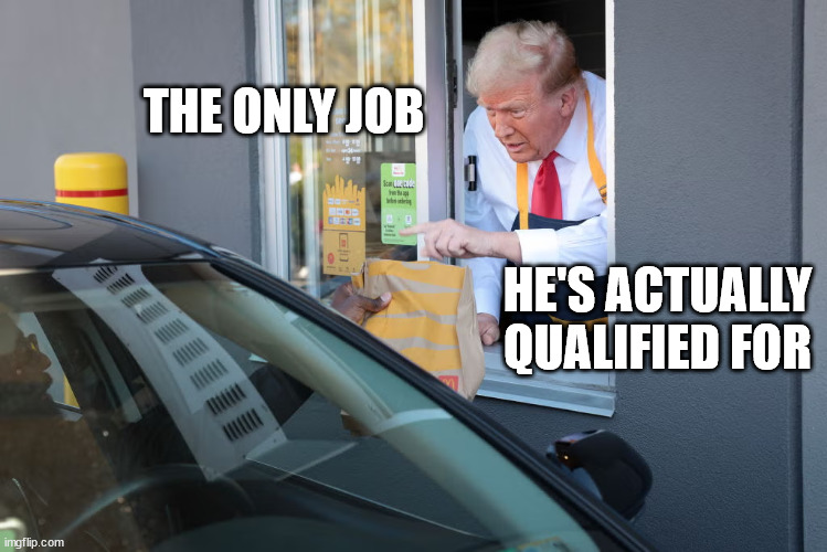 Donald Trump McDonald's | THE ONLY JOB; HE'S ACTUALLY QUALIFIED FOR | image tagged in donald trump mcdonald's | made w/ Imgflip meme maker