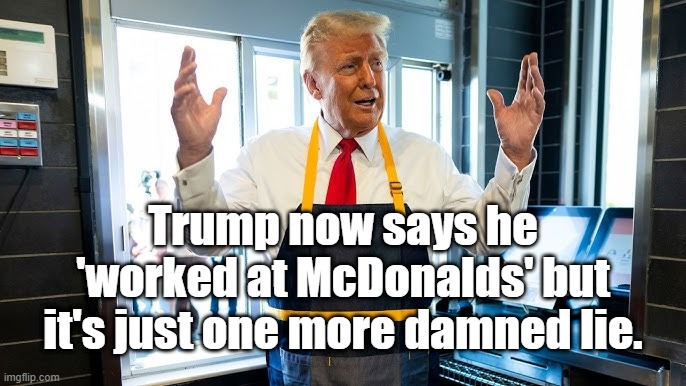 One More Damned Lie | Trump now says he 'worked at McDonalds' but it's just one more damned lie. | image tagged in trump lies,traitor trump,donald trump is an idiot,trump is a moron,trump is an asshole | made w/ Imgflip meme maker