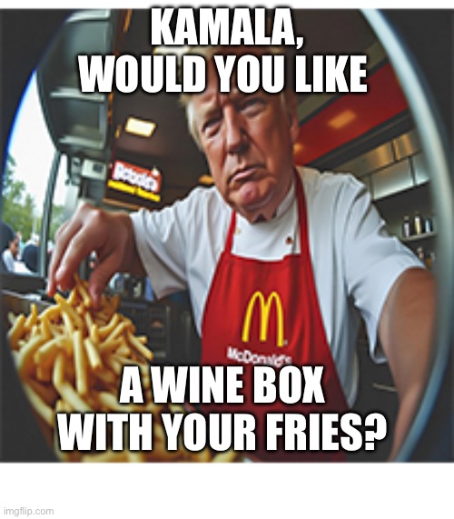 Trump Serves Up McDonalds Fries To Kamala! | KAMALA, WOULD YOU LIKE; A WINE BOX WITH YOUR FRIES? | image tagged in donald trump,trump mcdonalds,trump fries,kamala harris,memes | made w/ Imgflip meme maker