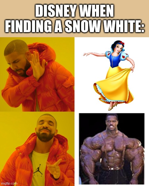 like bro I know Pride Month is a thing but come on man! | DISNEY WHEN FINDING A SNOW WHITE: | image tagged in memes,drake hotline bling | made w/ Imgflip meme maker