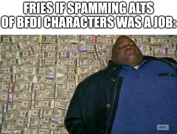 huell money | FRIES IF SPAMMING ALTS OF BFDI CHARACTERS WAS A JOB: | image tagged in huell money | made w/ Imgflip meme maker