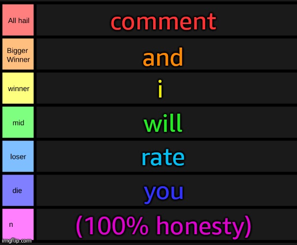 yoshi's tier list | comment; and; i; will; rate; you; (100% honesty) | image tagged in yoshi's tier list | made w/ Imgflip meme maker