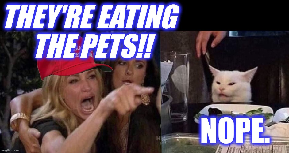 woman yelling at cat | THEY'RE EATING 
THE PETS!! NOPE. | image tagged in woman yelling at cat | made w/ Imgflip meme maker