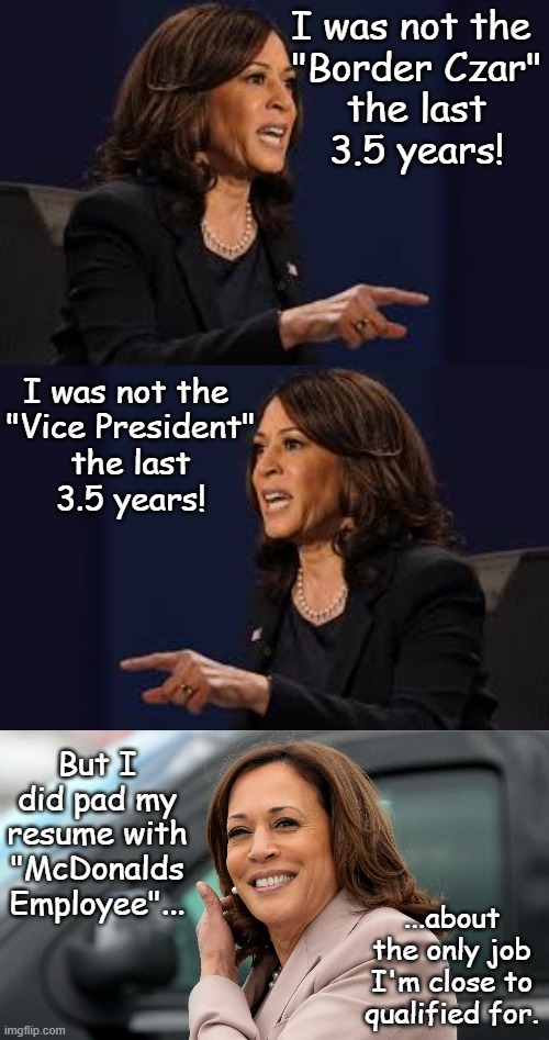 Kamala Harris' resume includes "stolen valor" from front line fast food workers. | I was not the 
"Border Czar"
the last
3.5 years! I was not the 
"Vice President"
the last
3.5 years! But I did pad my resume with "McDonalds Employee"... ...about the only job I'm close to qualified for. | image tagged in kamala harris | made w/ Imgflip meme maker