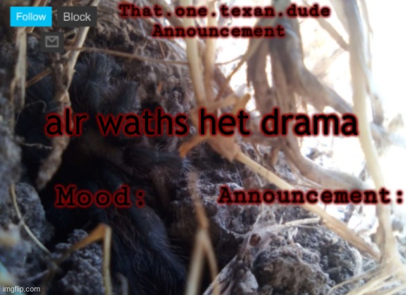 THE that.one.texan.dude announcement template | alr waths het drama | image tagged in the that one texan dude announcement template | made w/ Imgflip meme maker
