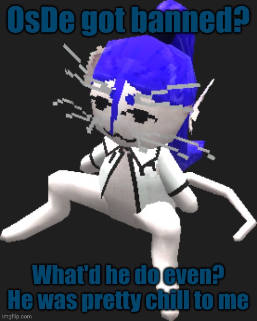Huh | OsDe got banned? What'd he do even?
He was pretty chill to me | image tagged in blue ariral plush | made w/ Imgflip meme maker
