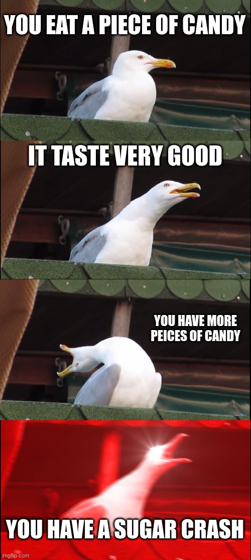 Inhaling Seagull Meme | YOU EAT A PIECE OF CANDY; IT TASTE VERY GOOD; YOU HAVE MORE PEICES OF CANDY; YOU HAVE A SUGAR CRASH | image tagged in memes,inhaling seagull | made w/ Imgflip meme maker