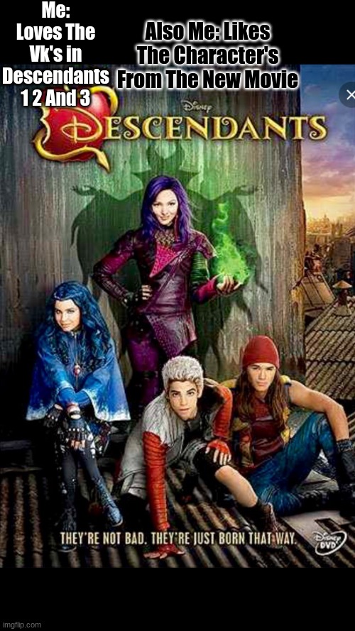 Disney descendants  | Me: Loves The Vk's in Descendants 1 2 And 3; Also Me: Likes The Character's From The New Movie | image tagged in disney descendants | made w/ Imgflip meme maker