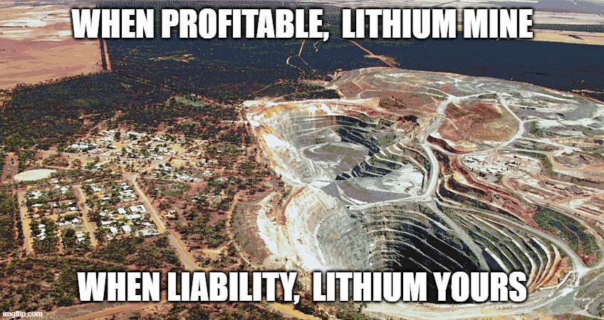 LITHIUM Mine or... | WHEN PROFITABLE,  LITHIUM MINE; WHEN LIABILITY,  LITHIUM YOURS | image tagged in lithium,explosive,poisonous,gases,dangerous,lethal | made w/ Imgflip meme maker