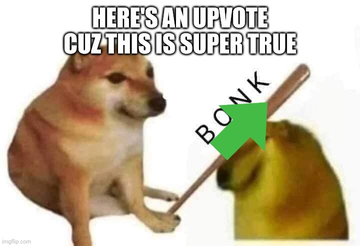 Doge bonk | HERE'S AN UPVOTE CUZ THIS IS SUPER TRUE | image tagged in doge bonk | made w/ Imgflip meme maker